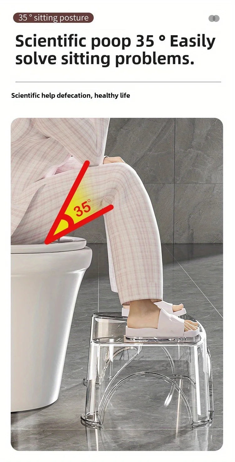 Person using a stool with a 35-degree angle to improve sitting posture next to a toilet.