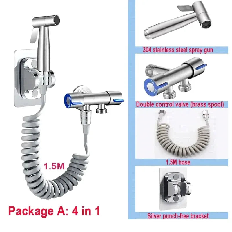 4-in-1 stainless steel spray gun package with components labeled on a white background.