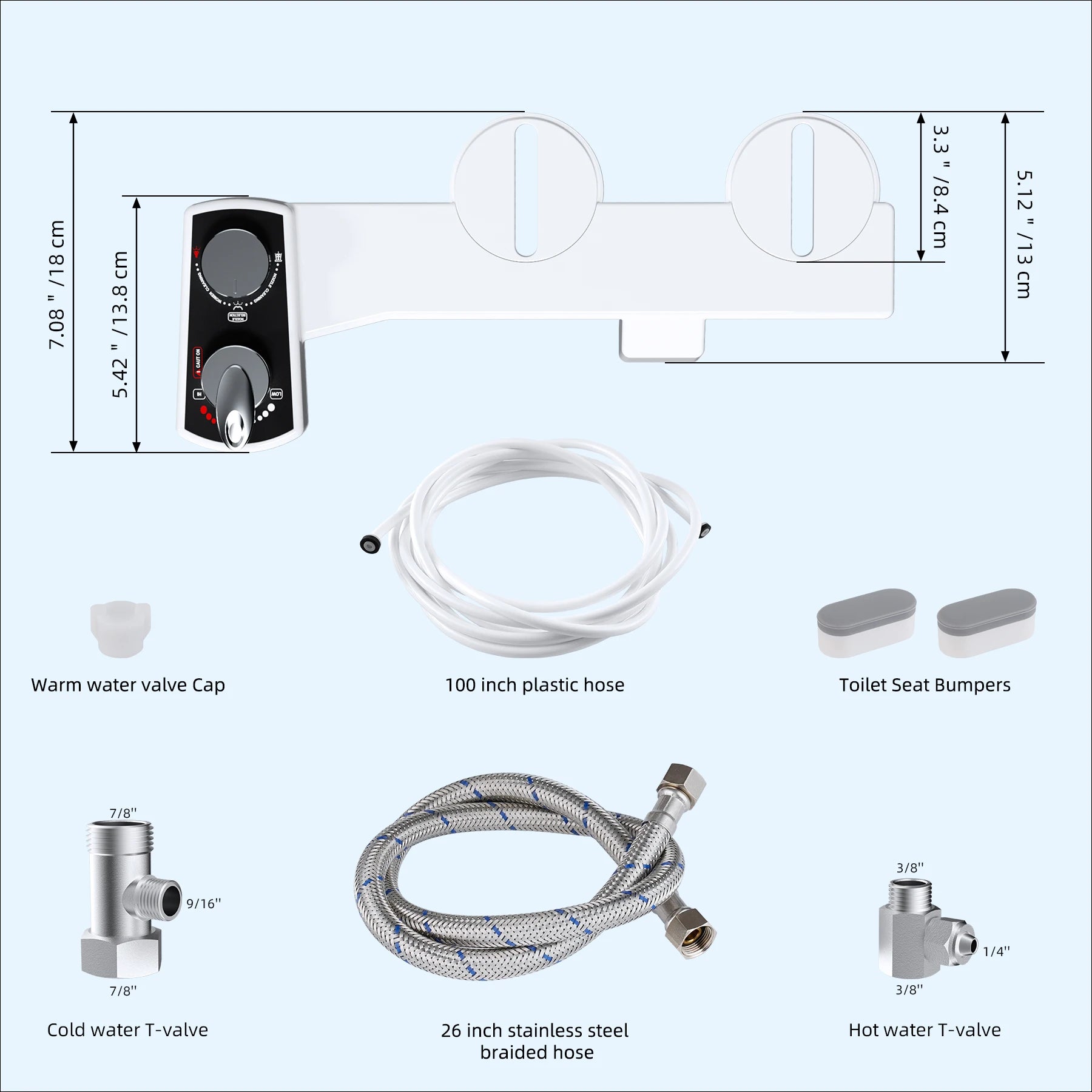 Collection of bathroom fixtures and components with measurements