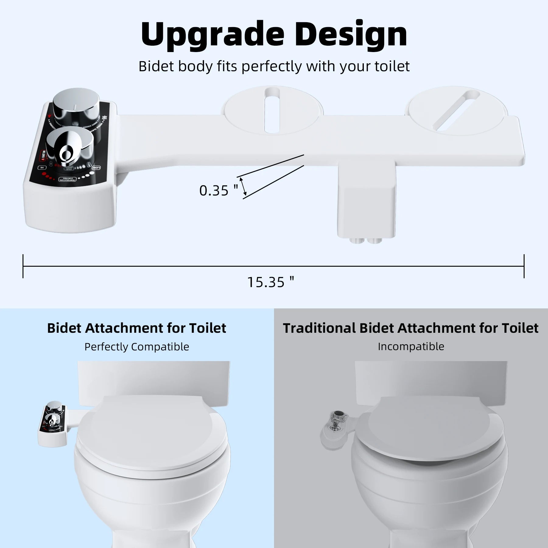 Bidet attachment for toilet with compatibility comparison to traditional model