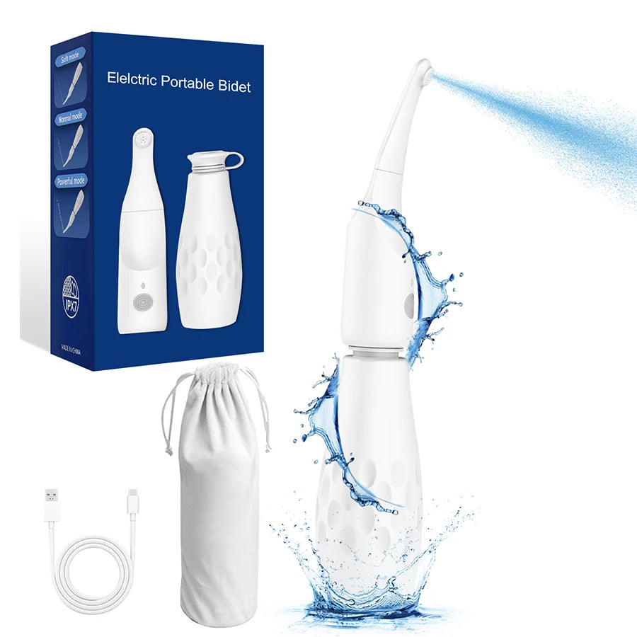Electric portable bidet with packaging, cord, and drawstring bag on a white background