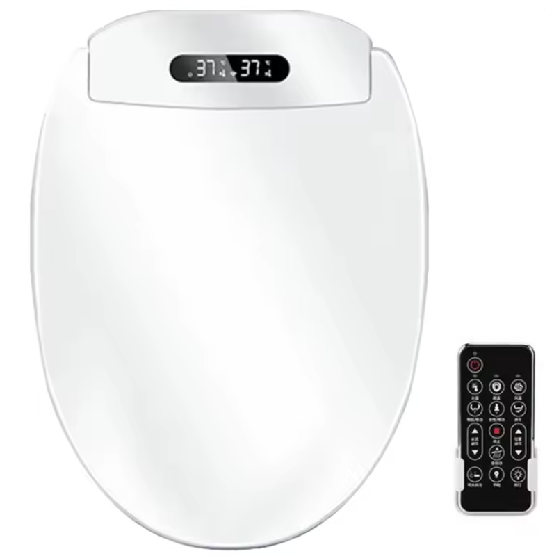 White electronic device with digital display and remote control on a white background