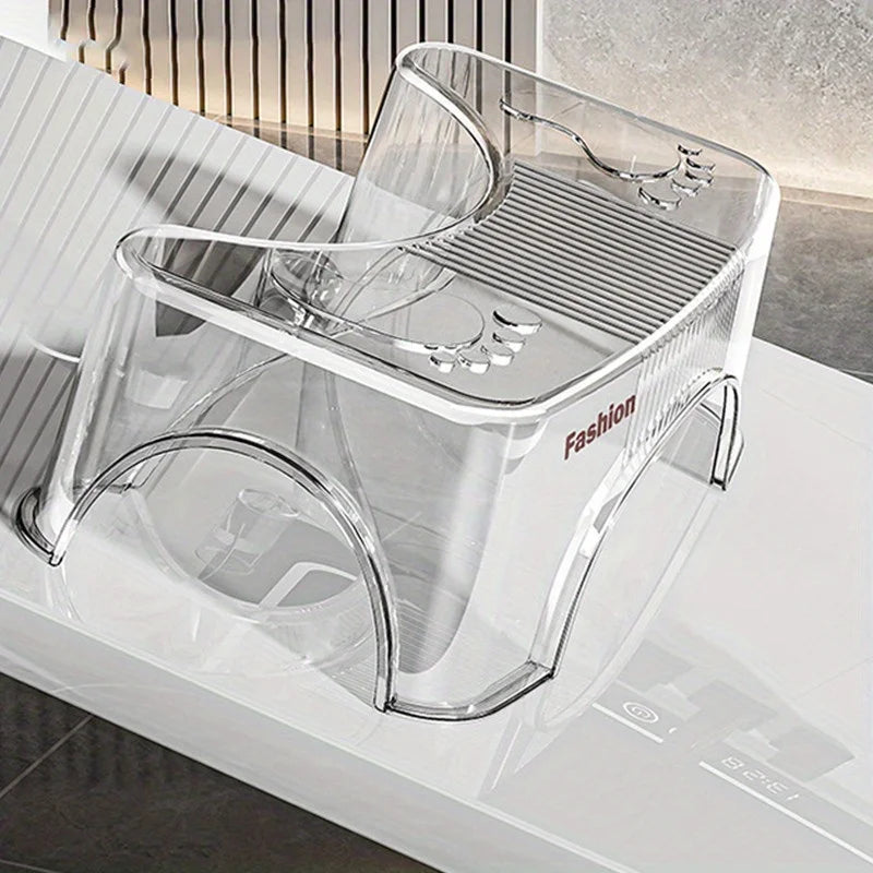 Clear plastic toilet stool with 'Fashion' branding on a white surface.