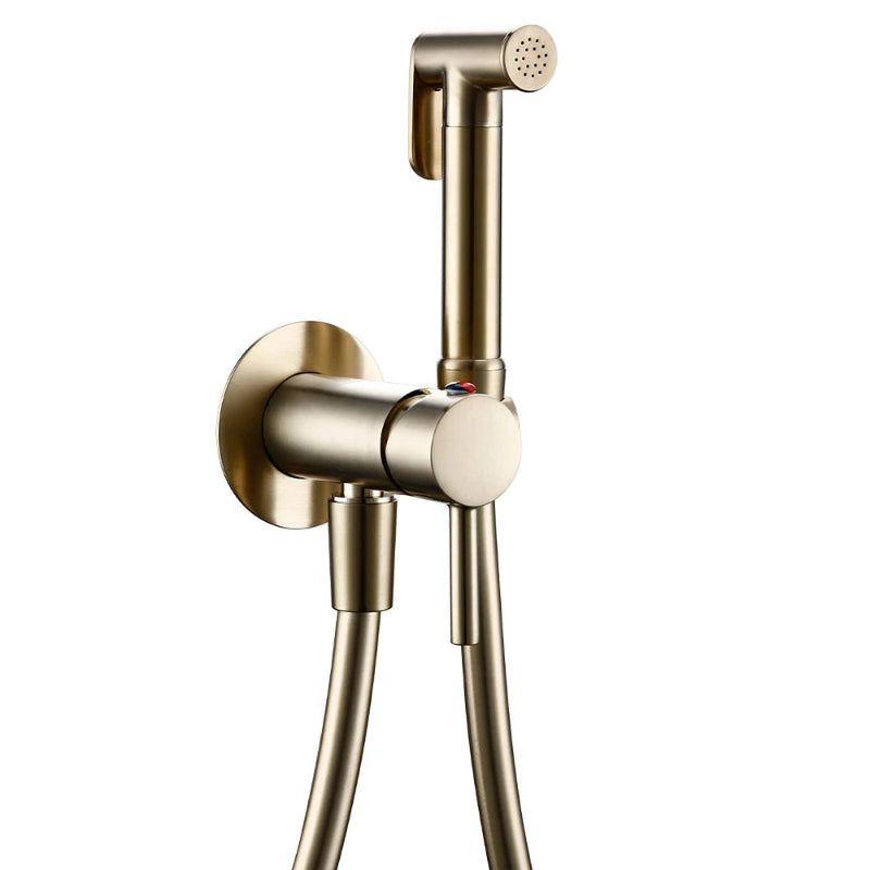 Gold-colored handheld bidet head shower with flexible hose