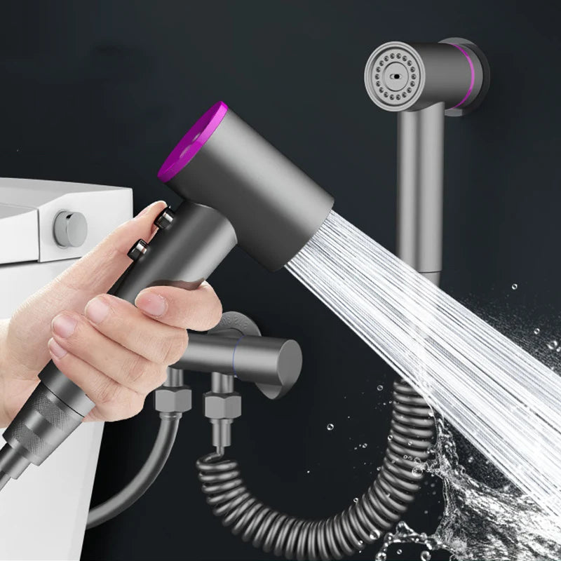 Handheld shower head with water flowing, showing its design and functionality.