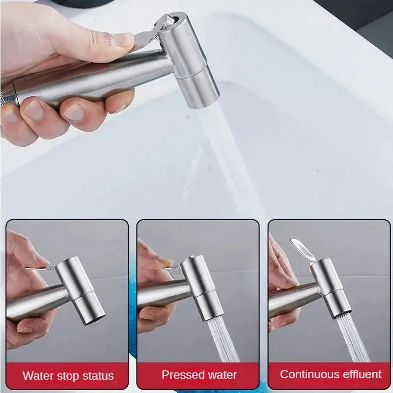 Handheld shower head with different water flow settings on a white background