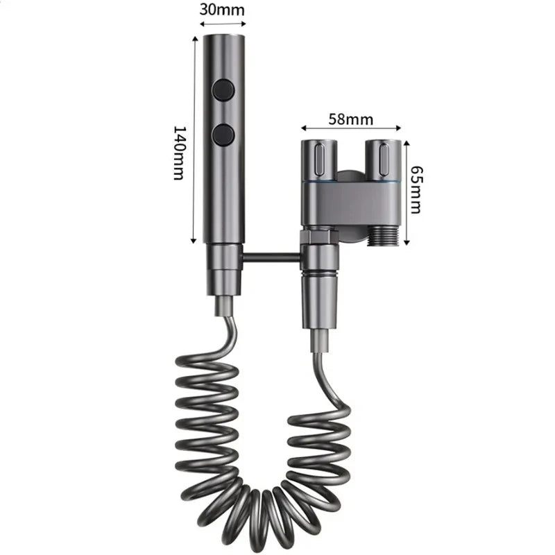 Measurement chart of a bidet sprayer with coiled cable on a white background