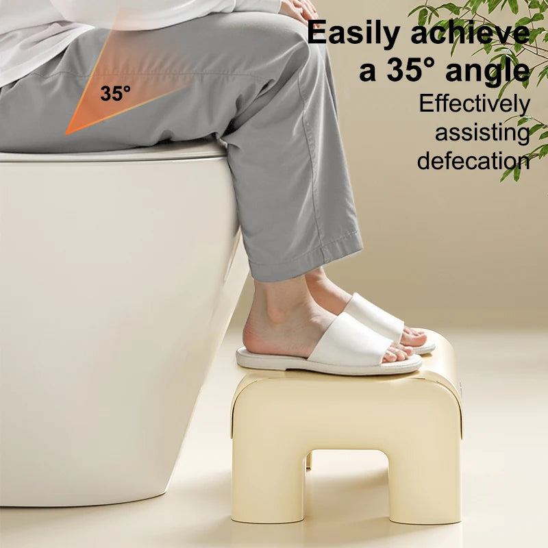 Person using a toilet stool to achieve a 35-degree angle for defecation, with text indicating the angle and benefits.