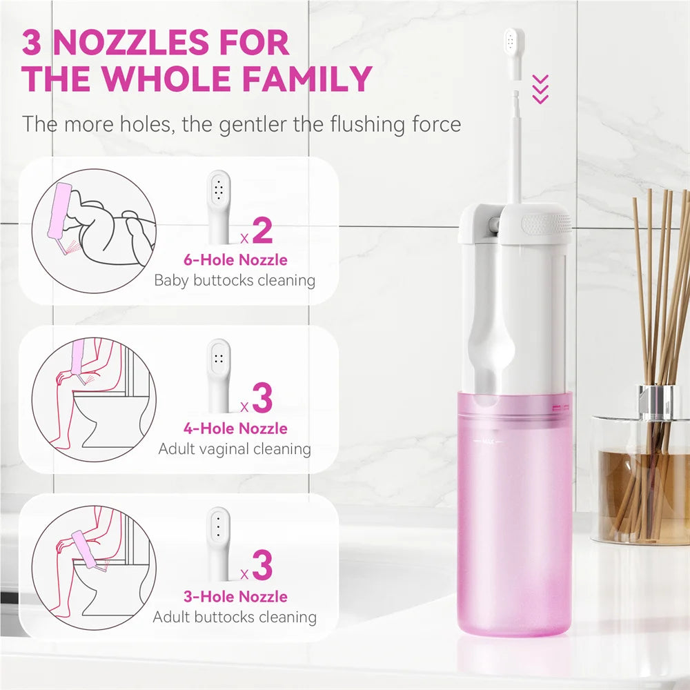 Pink and white cleaning device with nozzles for different uses on a bathroom background