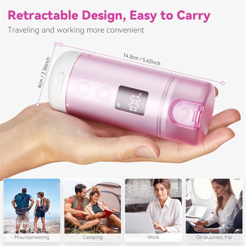 Pink and white electronic portable bidet held in a hand with text about its retractable design and convenience.