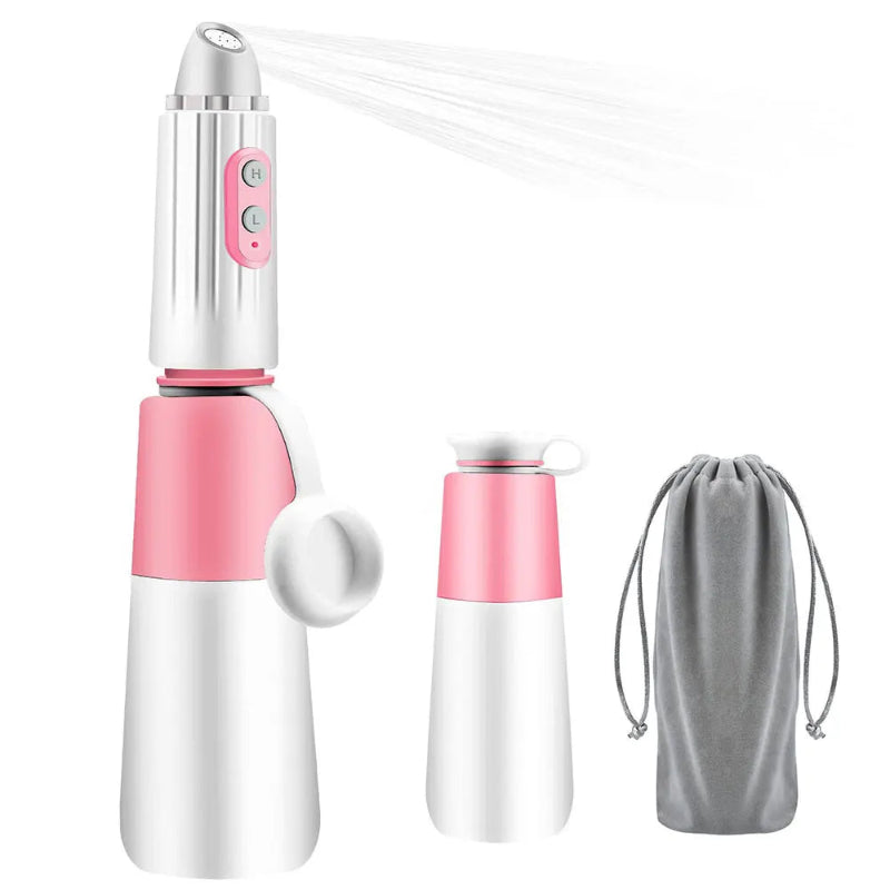 Portable Pink bidet with white handheld device with a gray drawstring bag