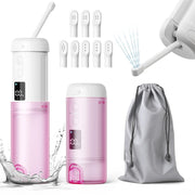 Portable pink bidet with accessories on a white background