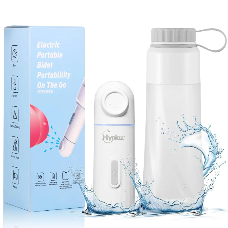 Portable bidet with packaging and water splash graphic