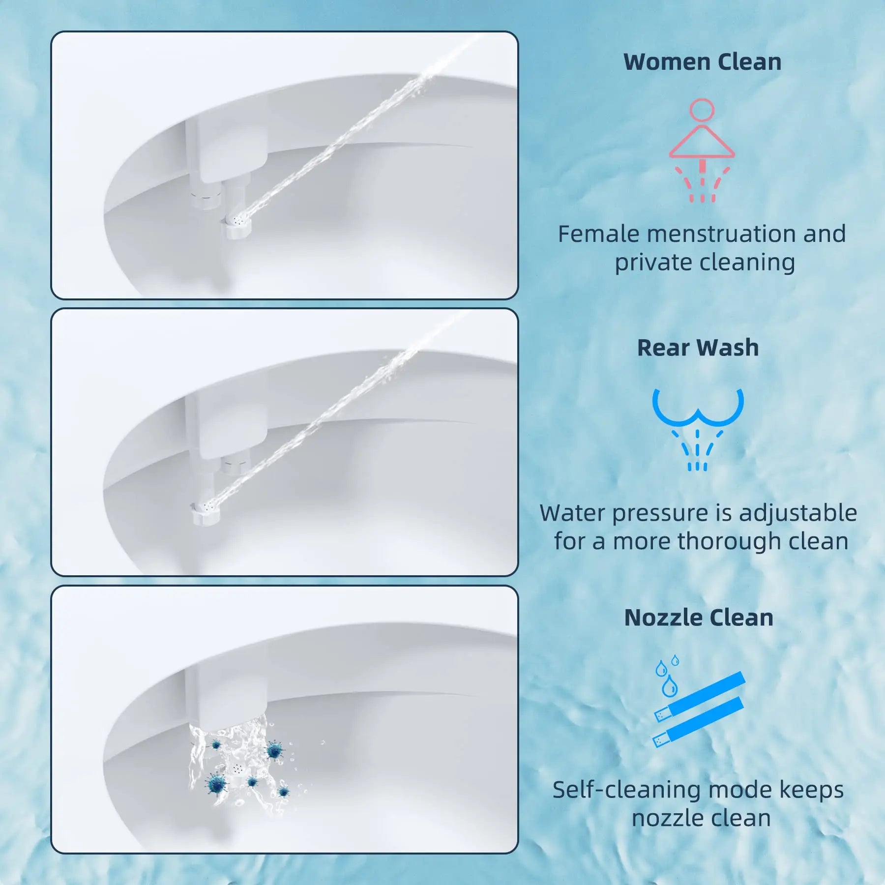 Product features for women's cleaning with water pressure adjustment and self-cleaning mode