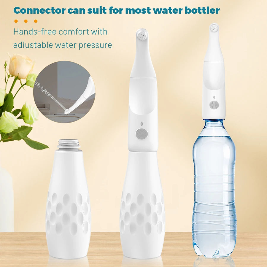 White water bottle with adjustable water pressure feature on a beige background