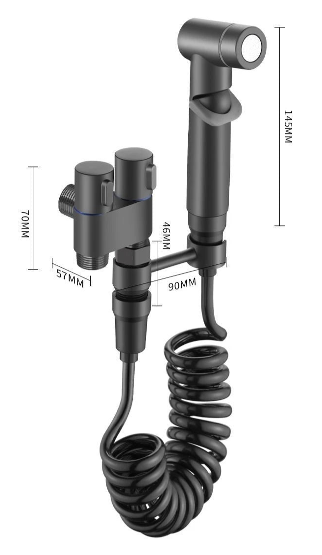 Black metal fitting with coiled cable and measurements on a white background