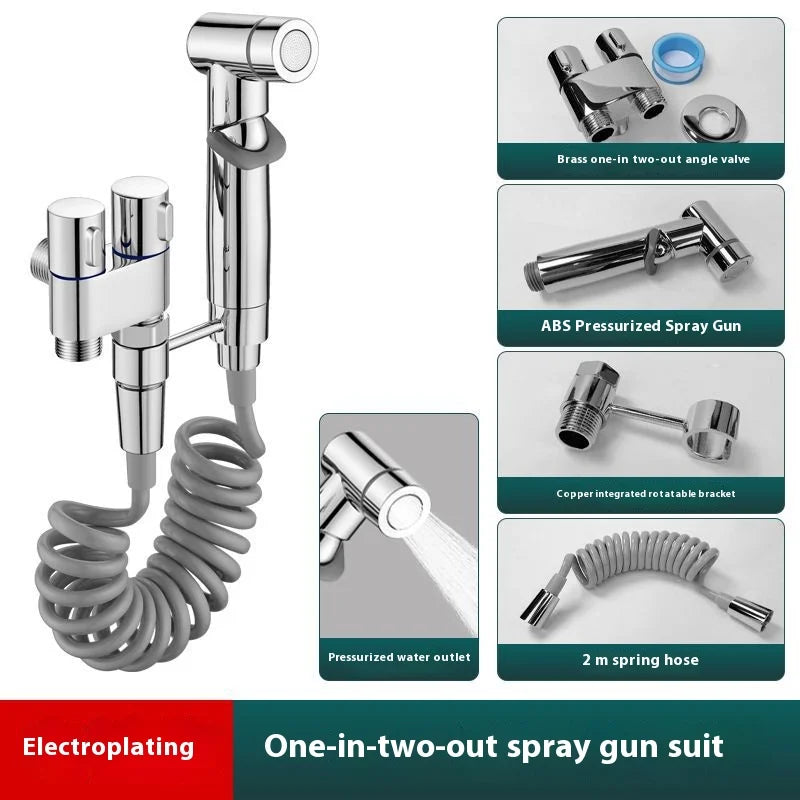 Brass one-in-two-out angle valve with ABS pressurized spray gun and coiled hose on a white background.