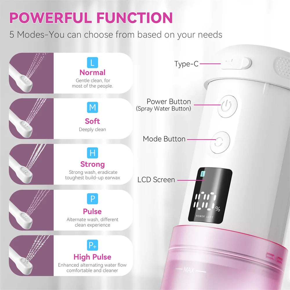 White and pink portable bidet with mode buttons and power button