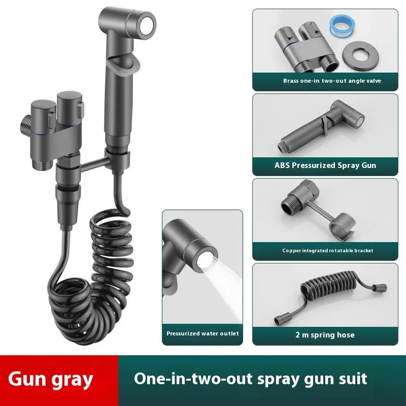 Gun gray one-in-two-out spray gun with detailed components on a white background