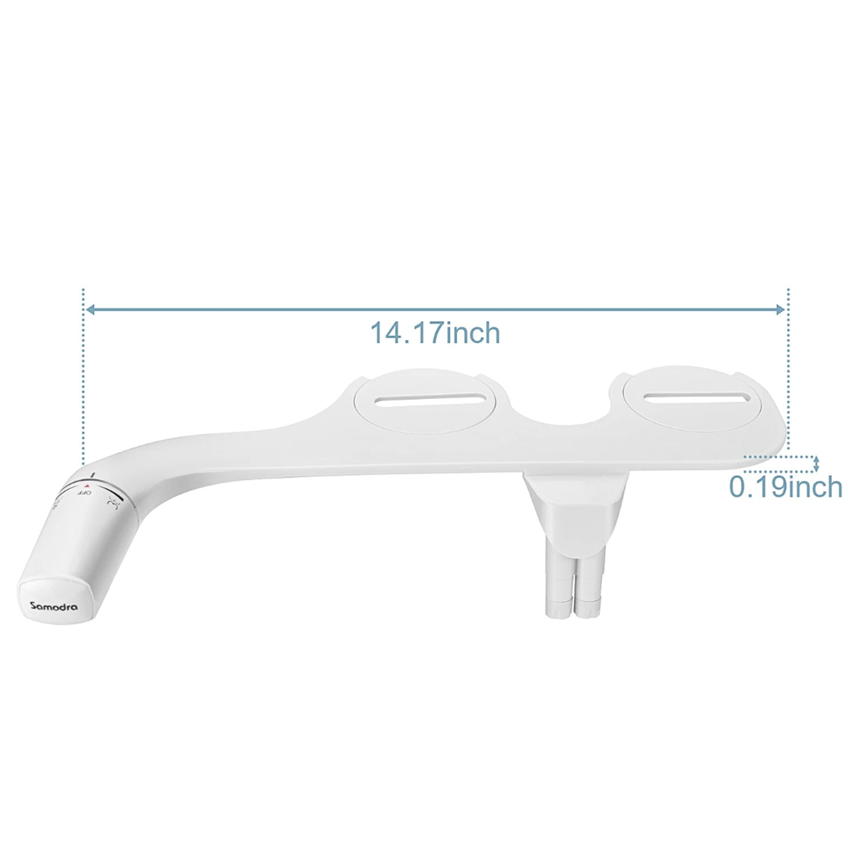 White faucet handle with measurements on a white background