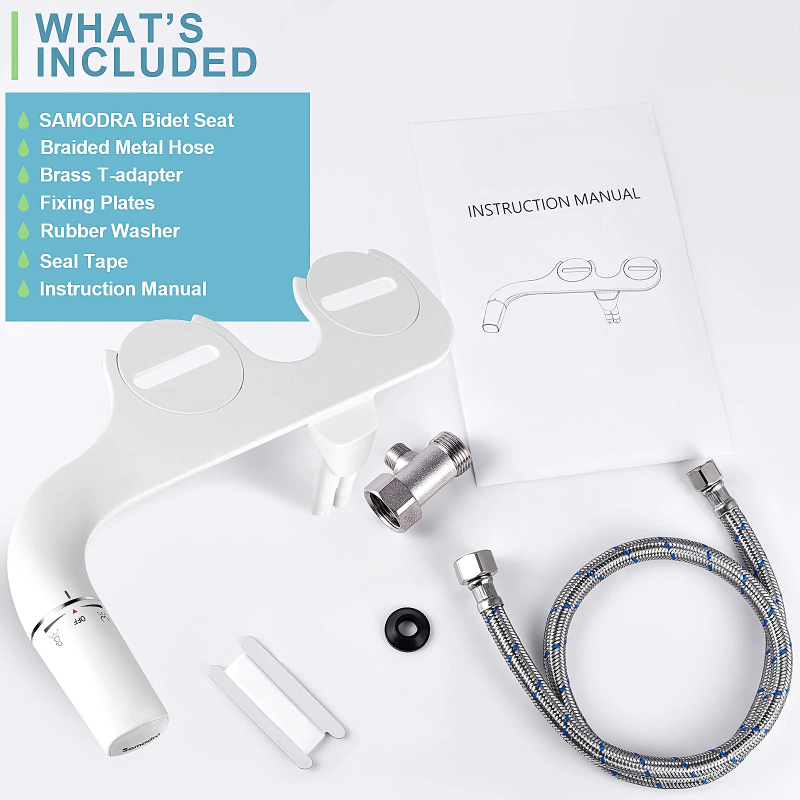 SAMODRA Bidet Seat kit with braided metal hose, brass T-adaptor, fixing plates, rubber washer, seal tape, and instruction manual on a white background.