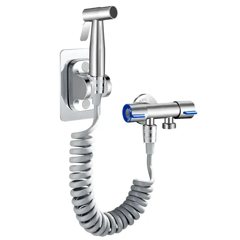 Shower head with flexible hose and control valve on a white background