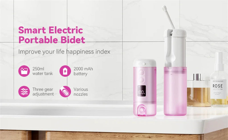 Smart electric portable bidet on a bathroom counter with product features highlighted