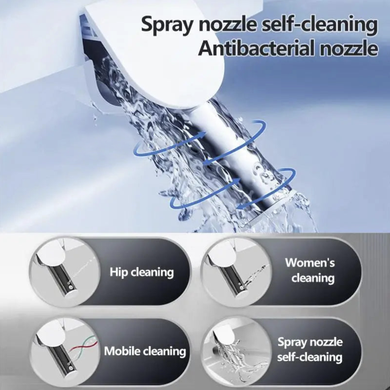 Spray nozzle with water flowing, labeled as self-cleaning and antibacterial
