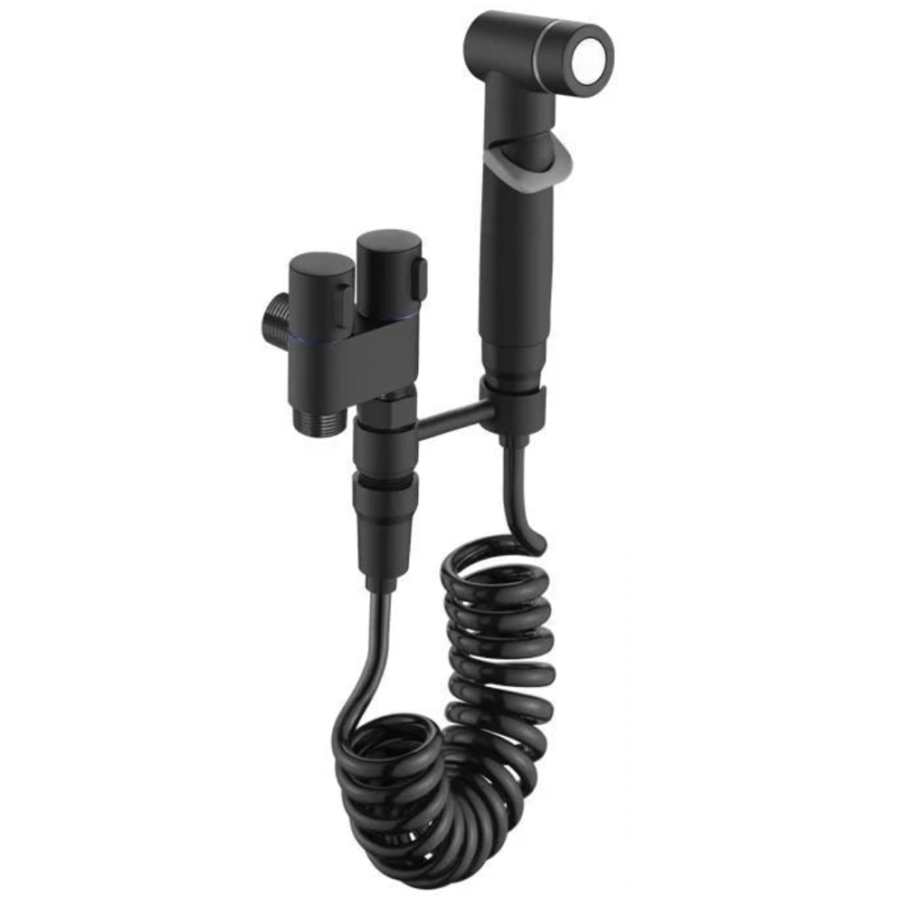 Black adjustable shower head with coiled hose on a white background