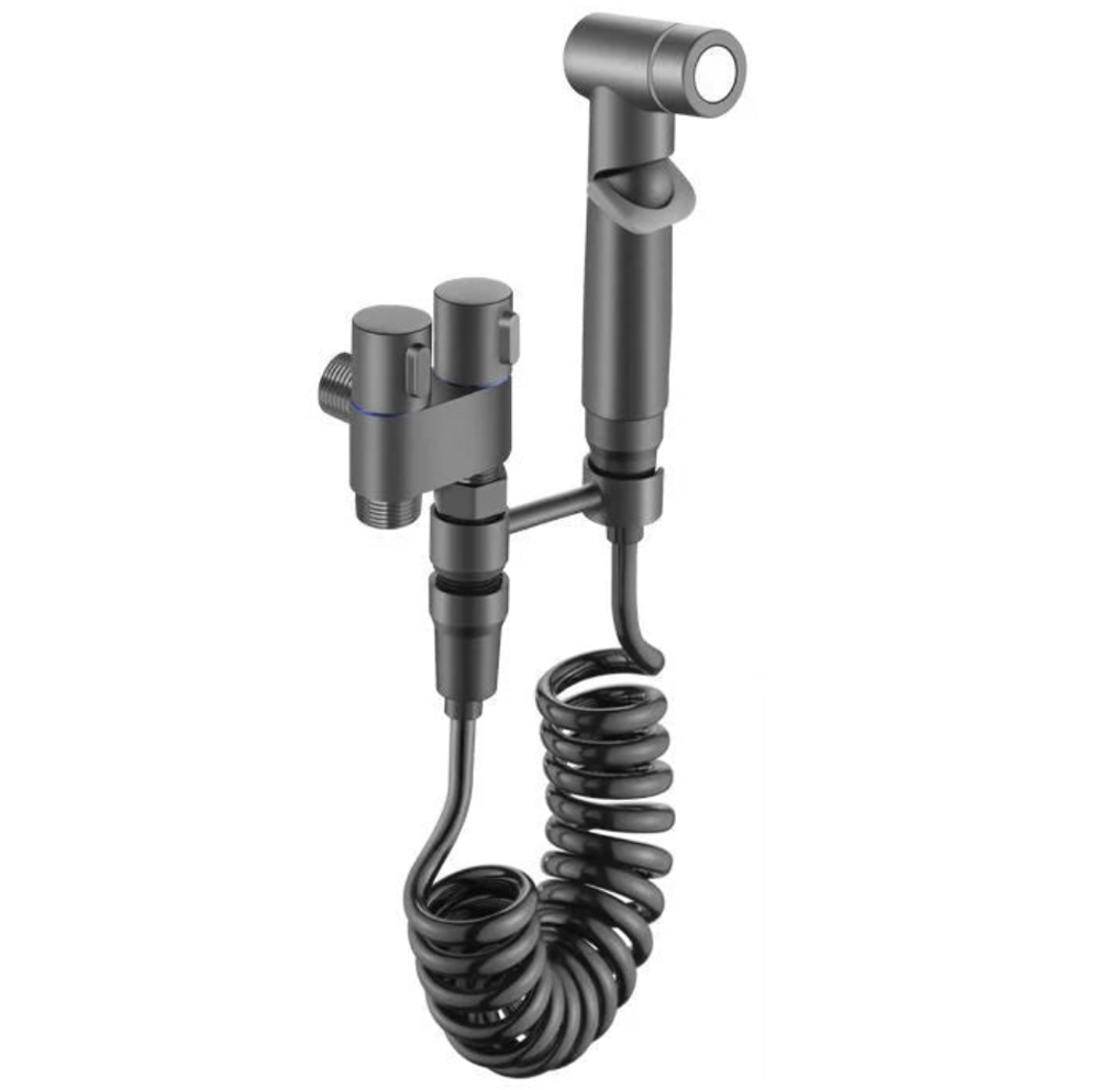 Gray kitchen faucet with coiled supply line on a white background