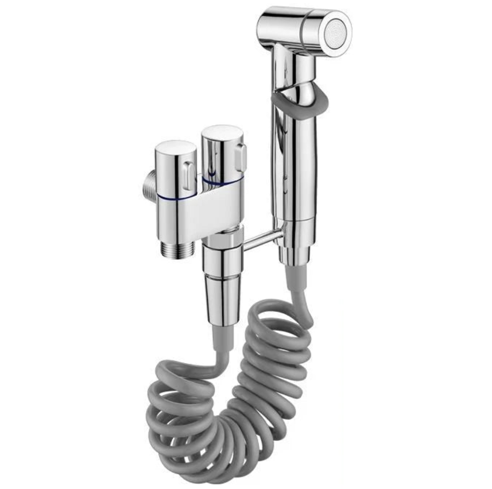 Chrome bathroom faucet with gray coiled hose on a white background