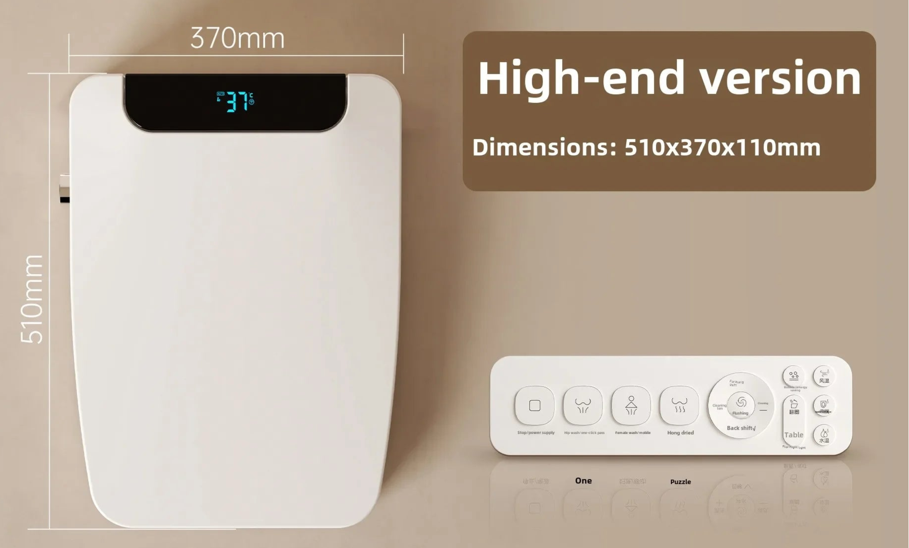 White electronic device with digital display and remote control, showing dimensions