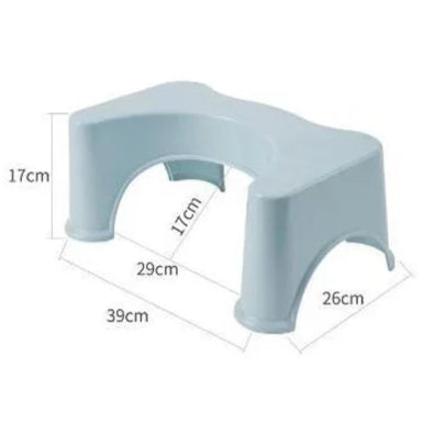 Small blue stool with dimensions labeled