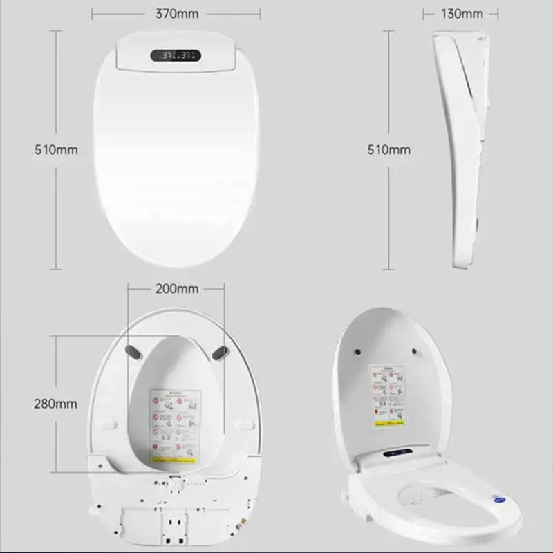 White toilet seat with dimensions labeled