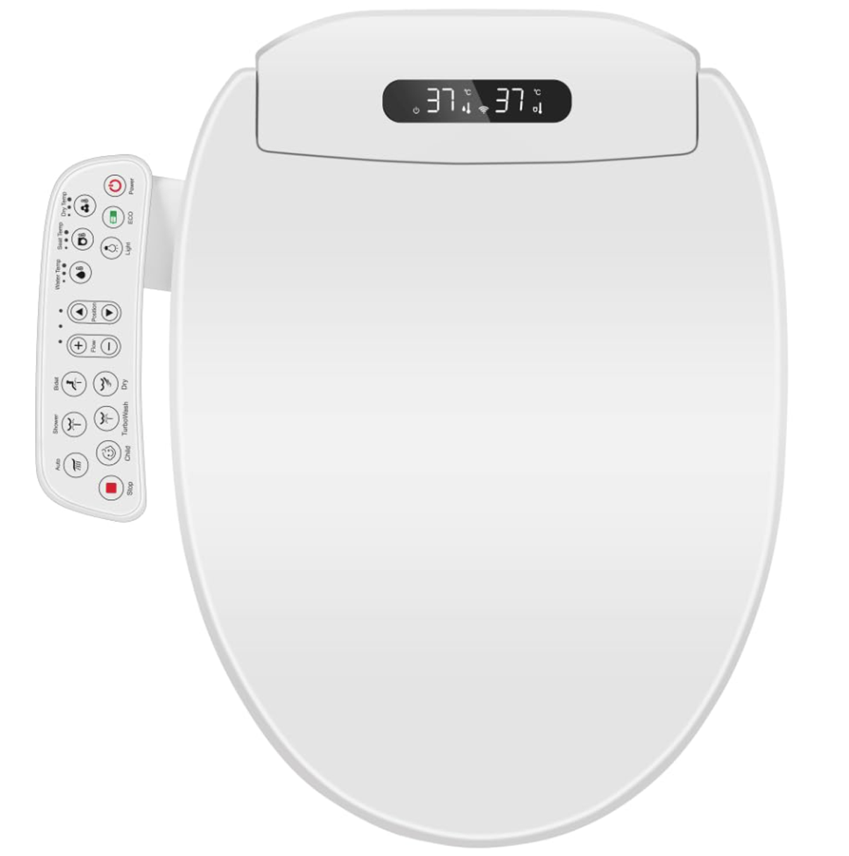 White electronic toilet seat with digital display and remote control on a white background