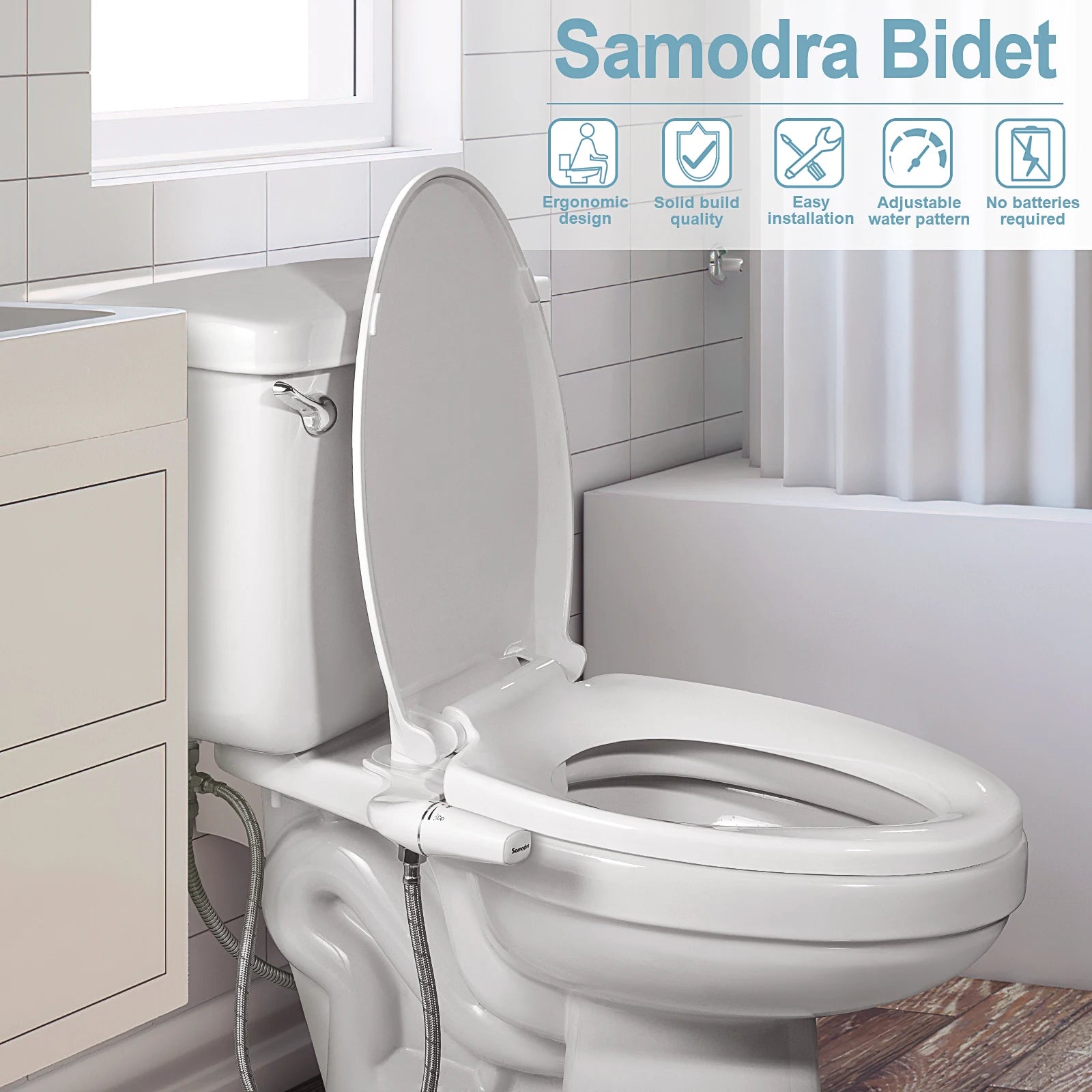 White Samodra Bidet attached to a toilet in a bathroom setting