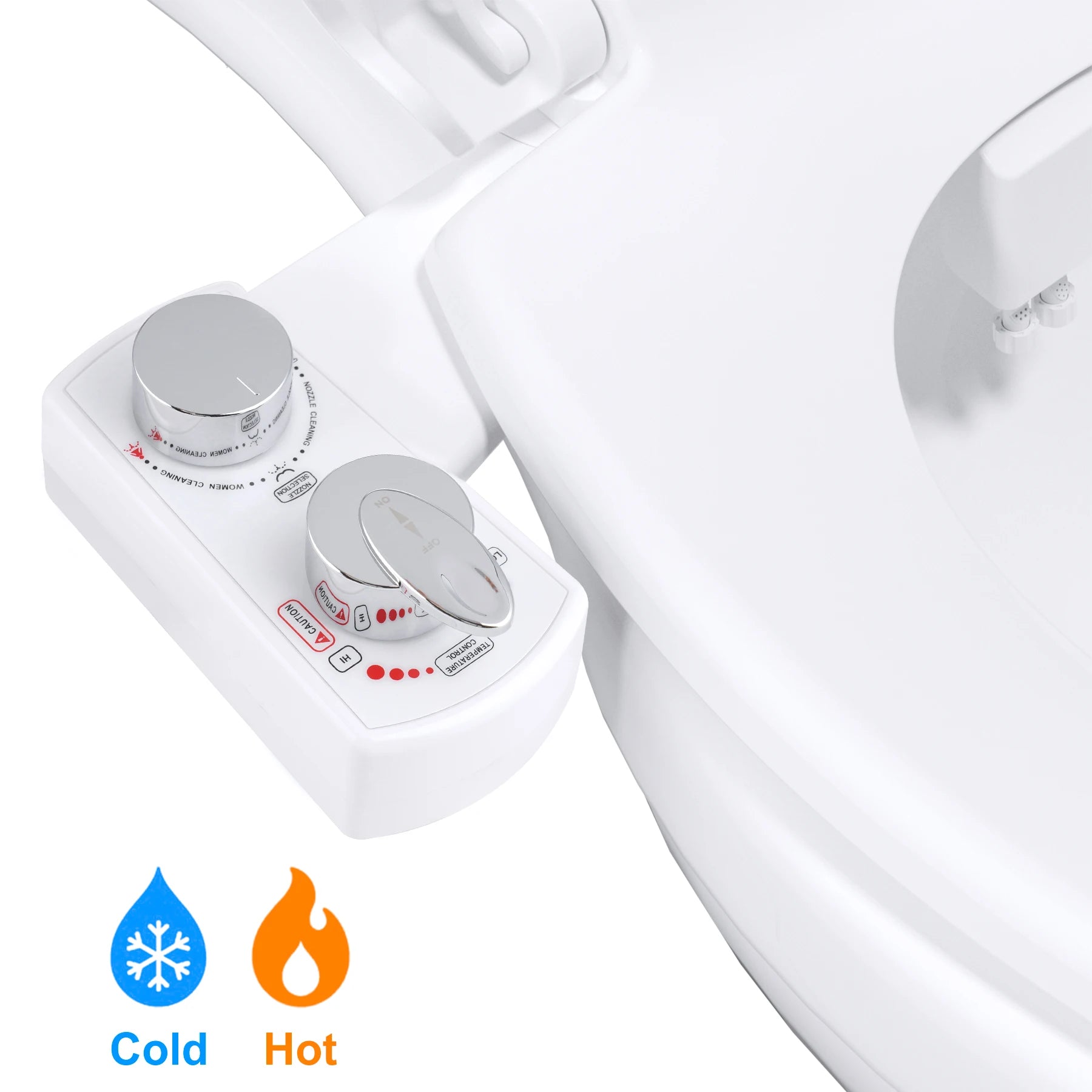 White bidet with control knobs labeled 'Cold' and 'Hot'