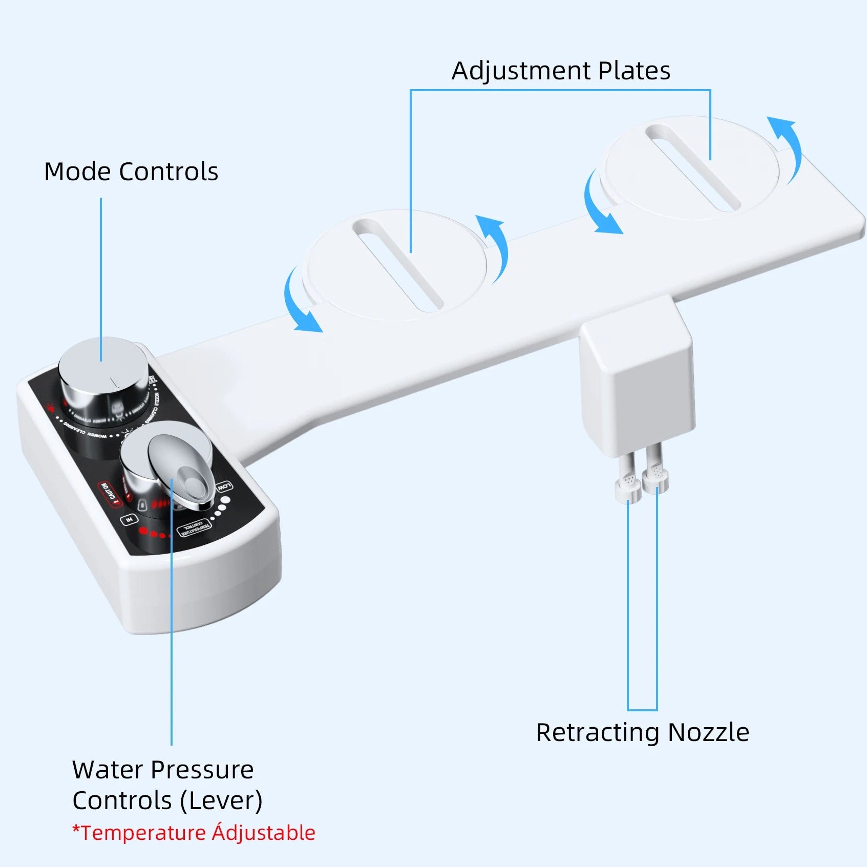 White handheld bidet with labeled parts