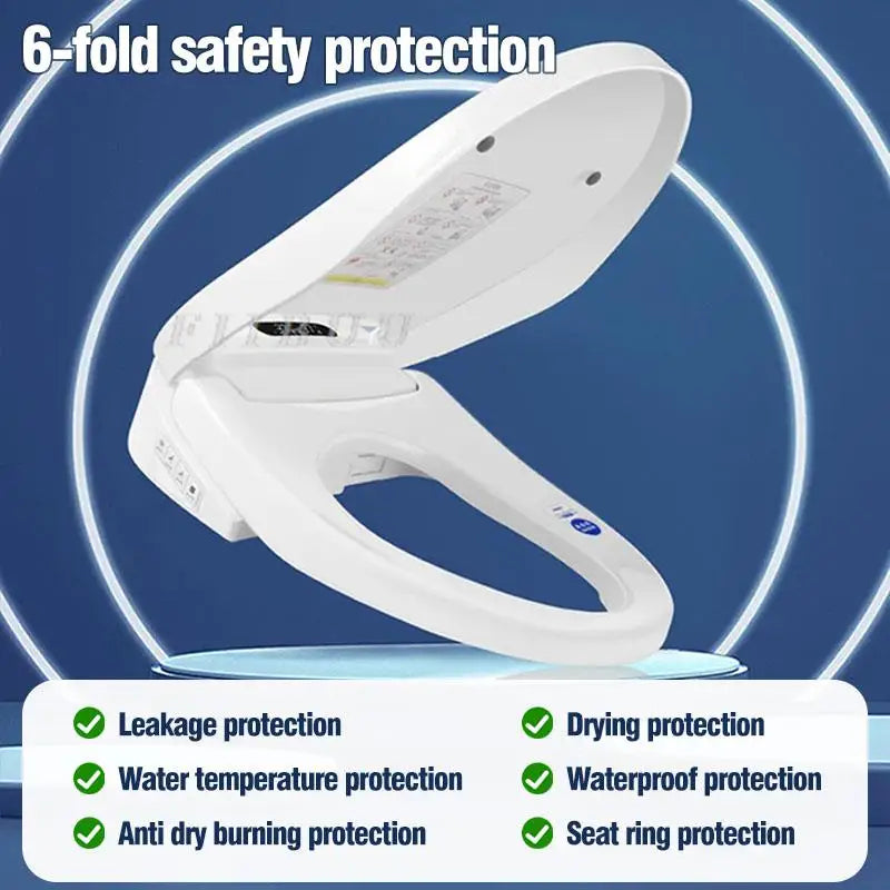 White toilet seat with safety features listed