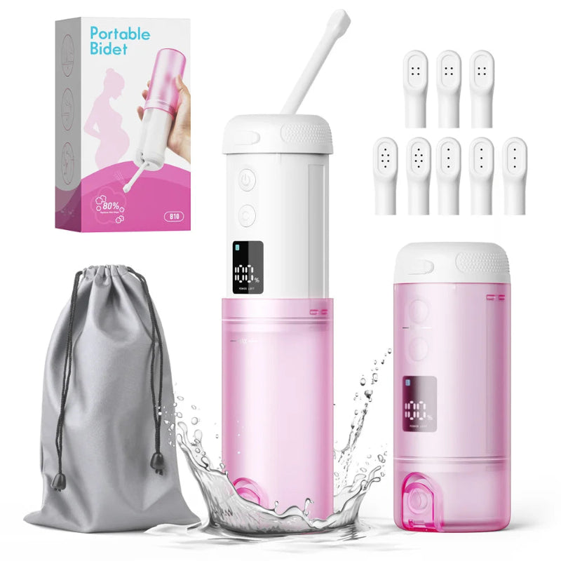 Pink portable bidet with accessories
