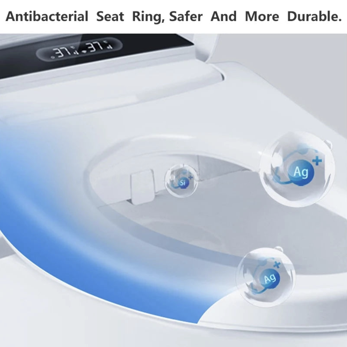 Toilet seat with antibacterial seat ring feature and text highlighting safety and durability.