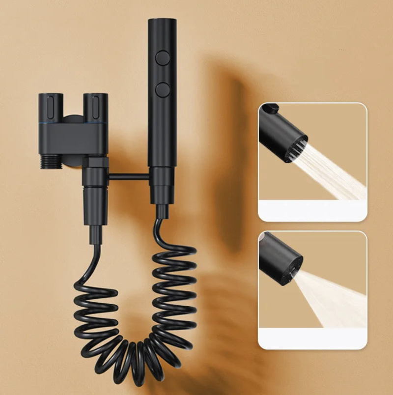 Black handheld device with coiled cable