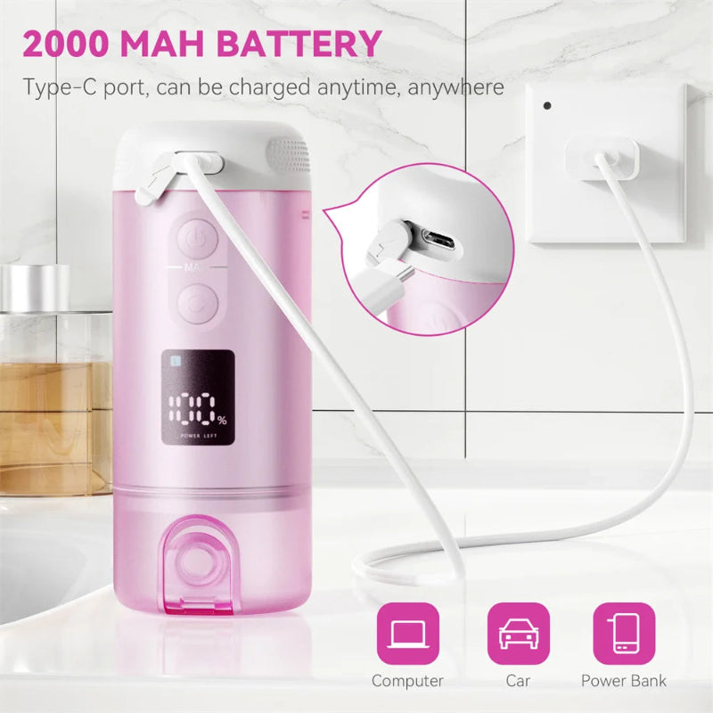Pink electronic device with a charging cable, battery indicator, and text about battery capacity and charging options.