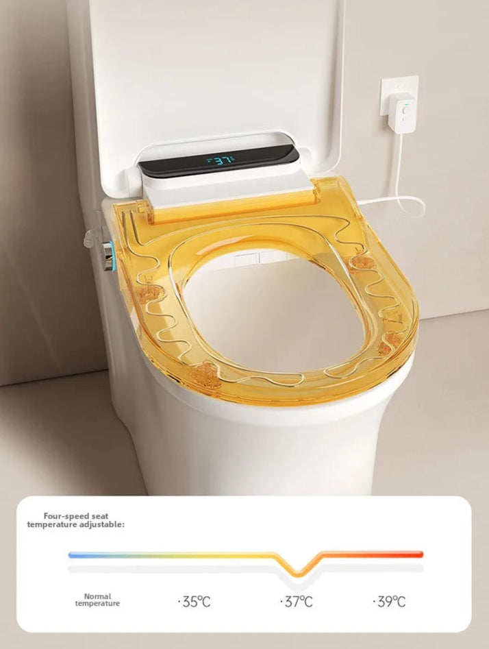 White toilet with a yellow heated seat and digital display on a neutral background