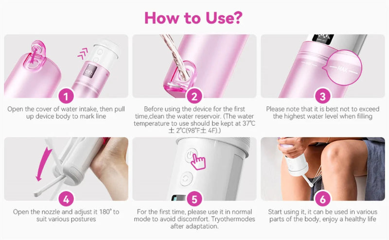 Instructions on how to use a pink and white device with step-by-step illustrations.