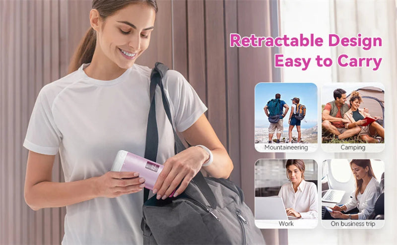 Woman holding a portable device with a retractable design, surrounded by lifestyle images of people using similar devices.