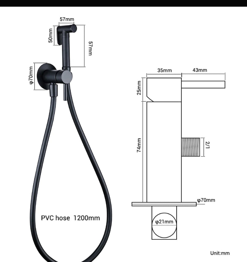 Black shower head with hose and measurements