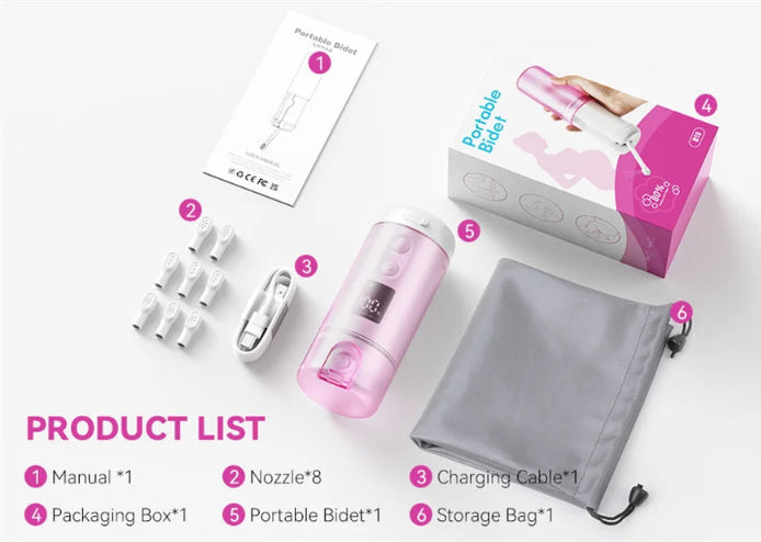 Portable bidet set with packaging, manual, nozzle, charging cable, and storage bag