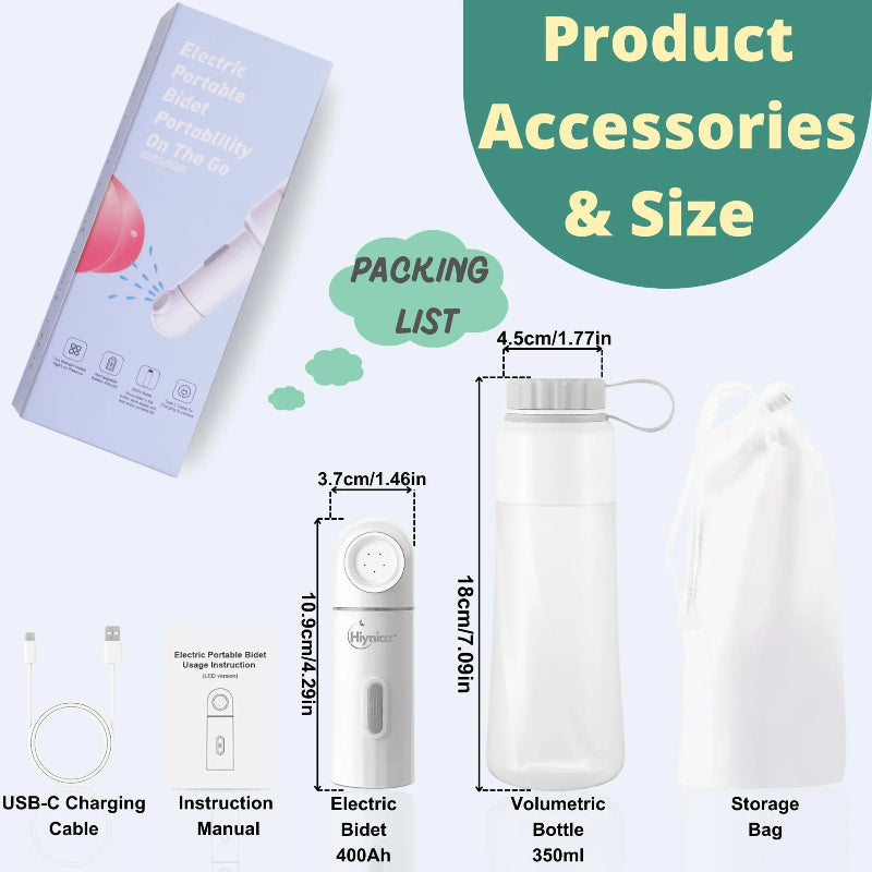 Electric portable bidet accessories with packaging, dimensions, and list