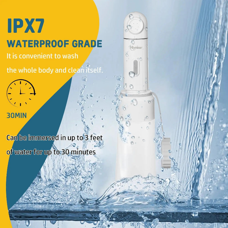 White handheld showerhead with water splashes and text about IPX7 waterproof grade